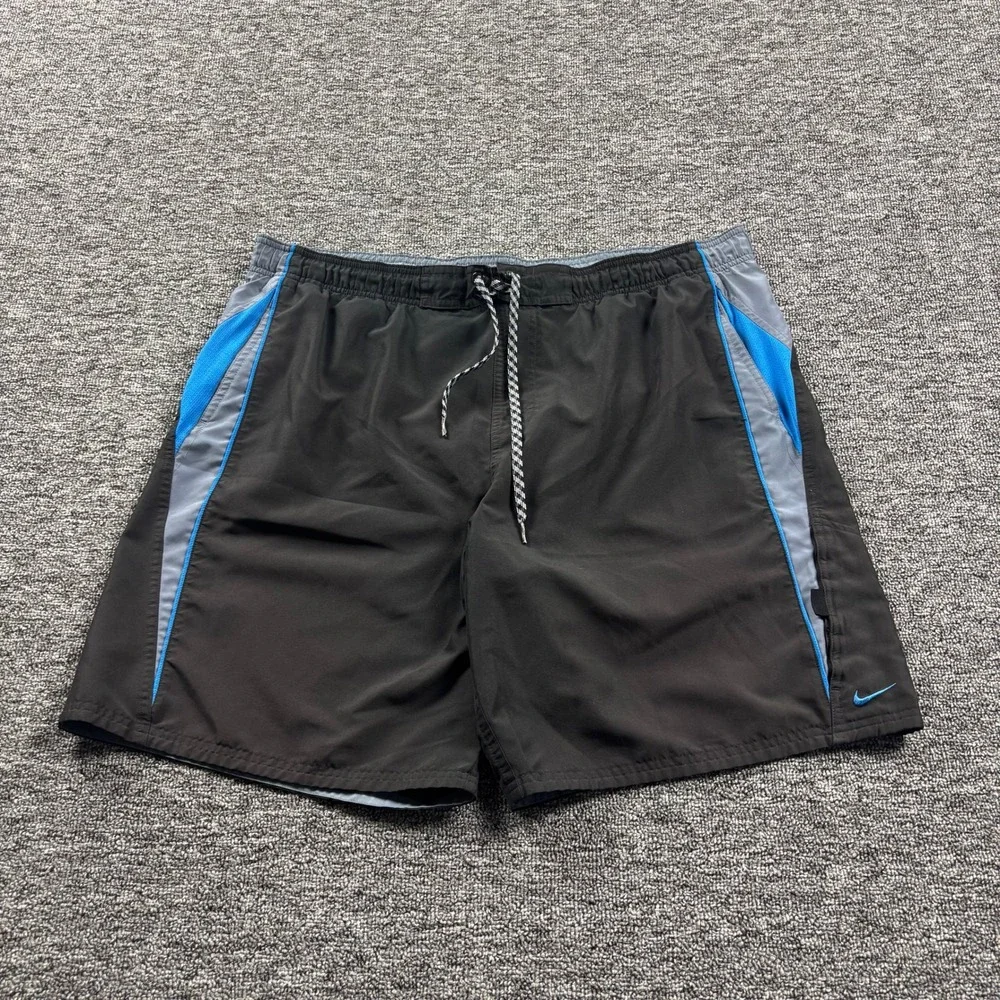 Y2K‎ 2000s Embroidered Nike 9 Inch Board Shorts Black/Grey/Blue Mens Size XL